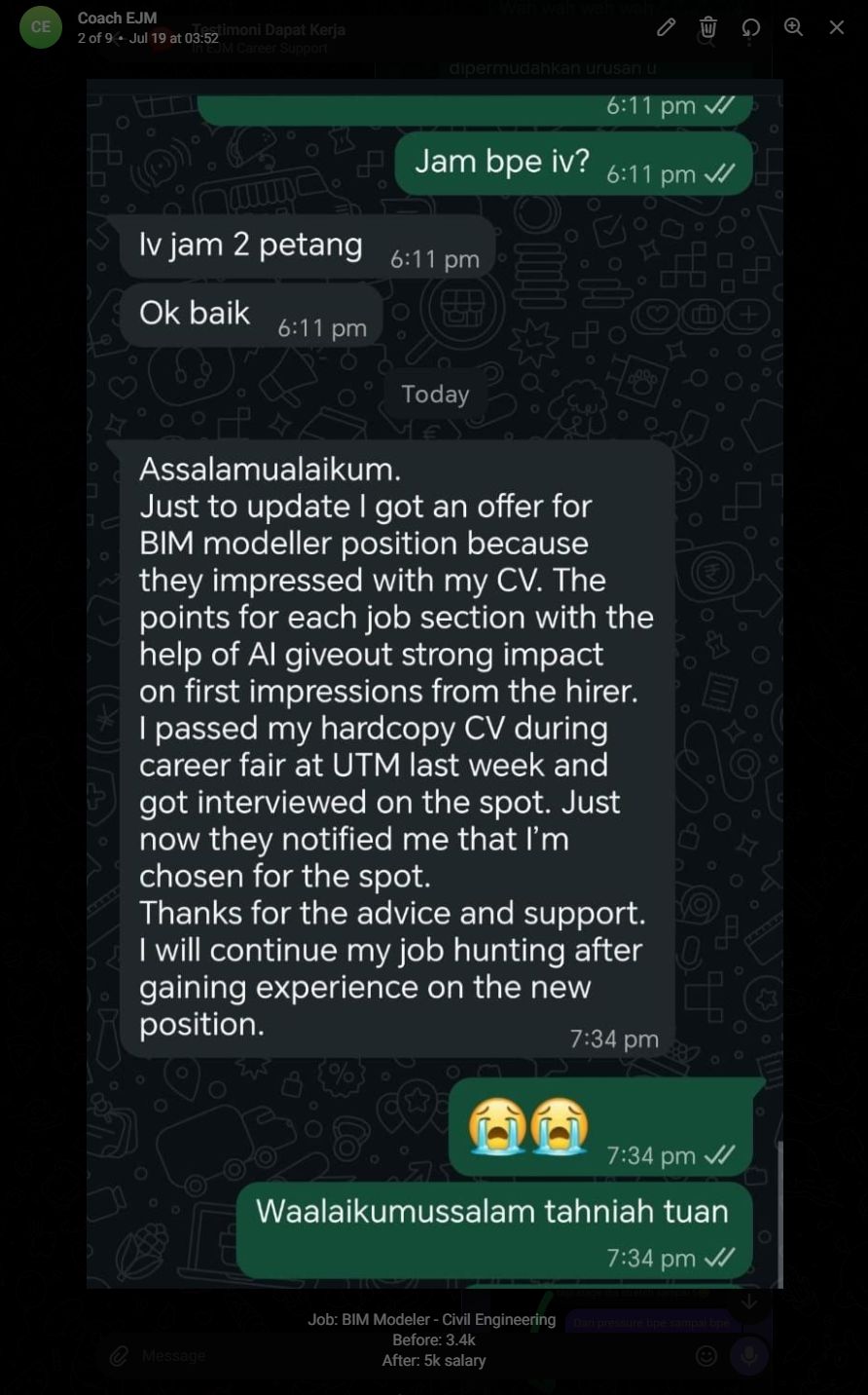 Testimoni student mendapat tawaran BIM Modeler selepas memperbaiki CV